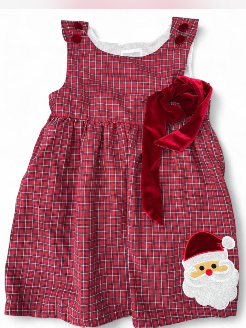 Girls' Red Plaid Holiday Pinafore Dress with Santa Appliqué